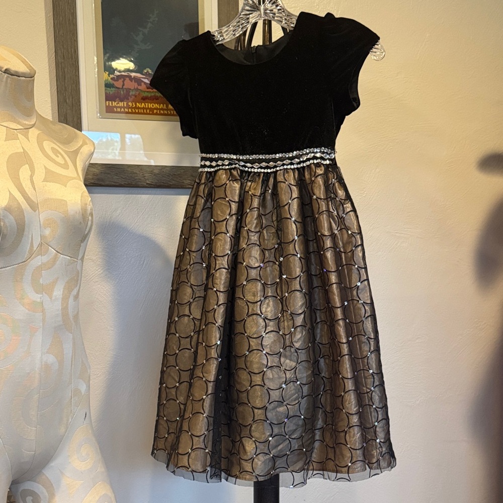 Chic Kids Dress with Black Velvet and Gold Accents